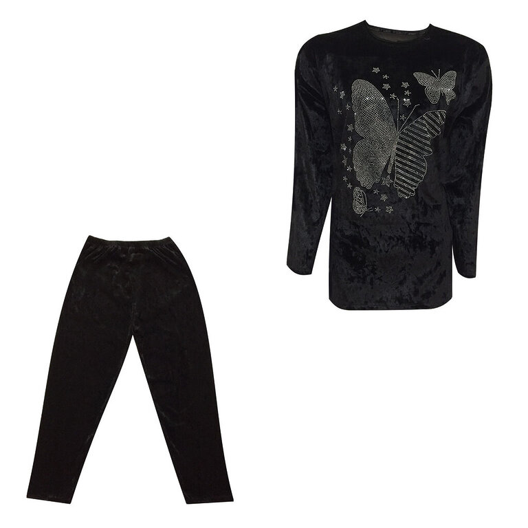 ست تونیک و شلوار زنانه مدل مخمل نگینی پروانه و ستاره کد tm-2645 رنگ مشکی